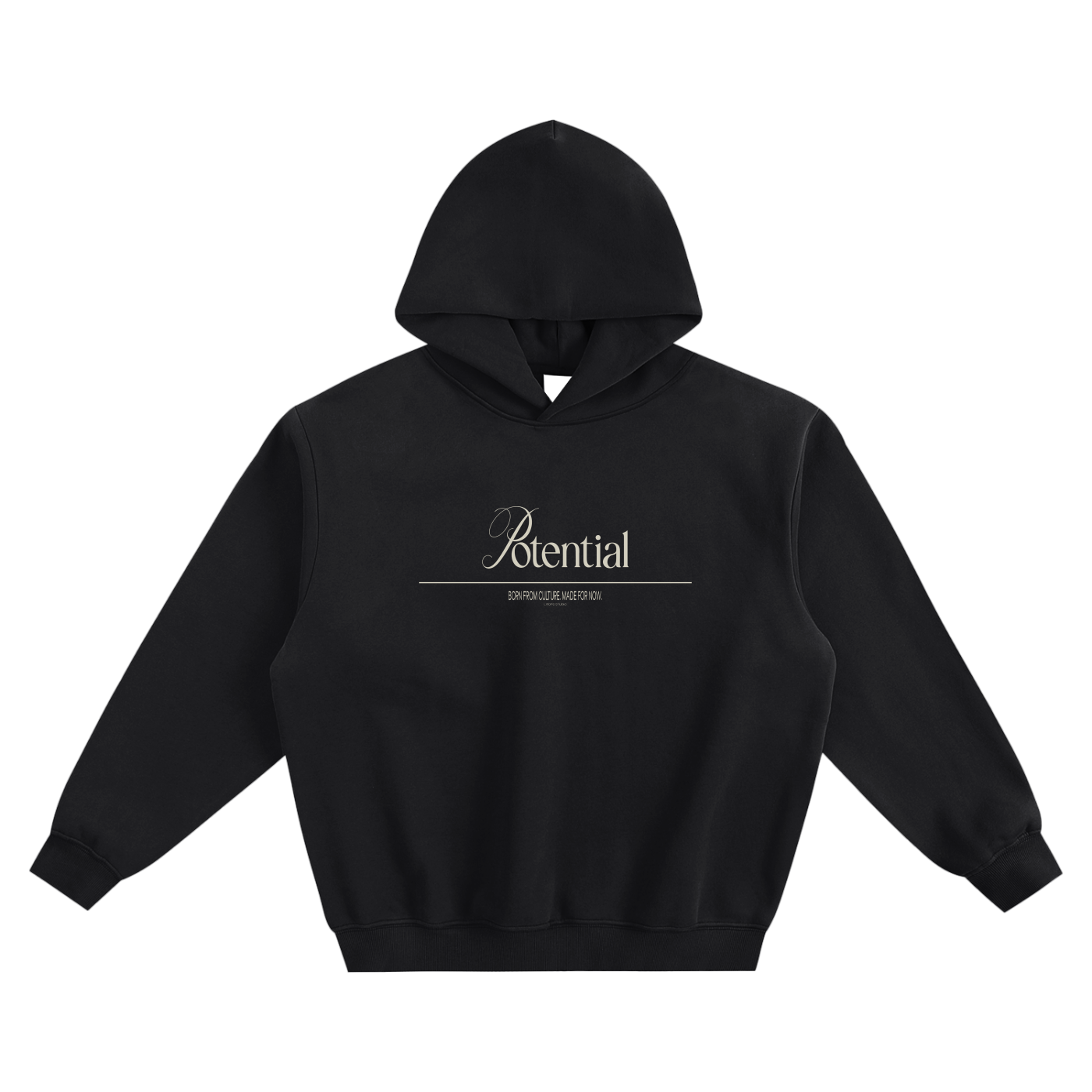 Oversized Black Minimalist Hoodie – Pocket-Free • Potential